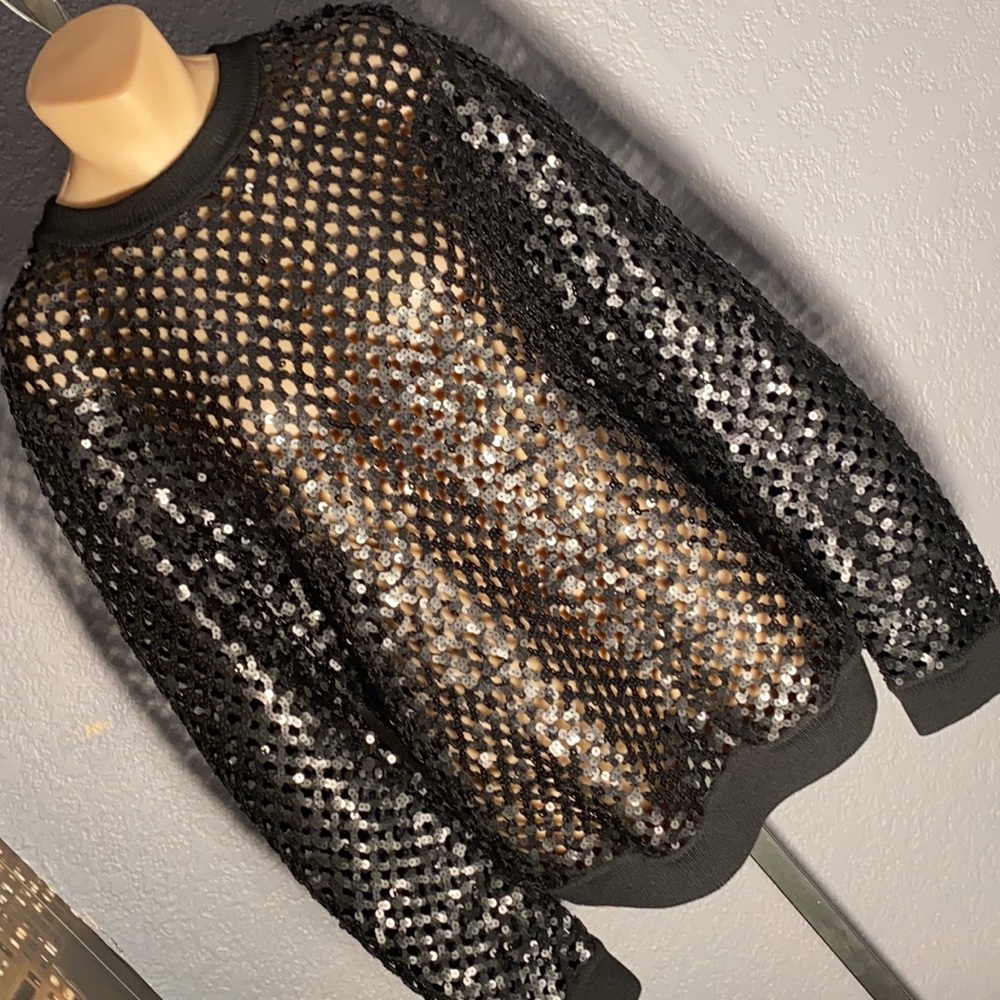 TORY BURCH - NWT - sheer sweater w black sequin holes & knit cuffs / hem - M